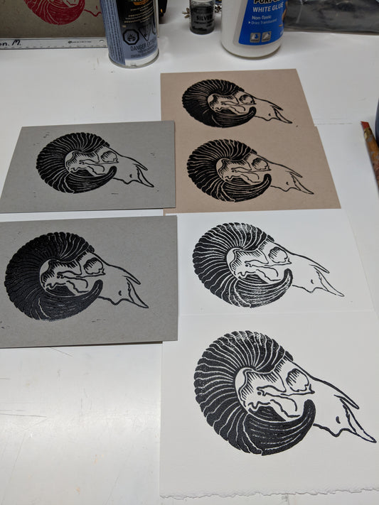 Ram Skull Lino Print Cards